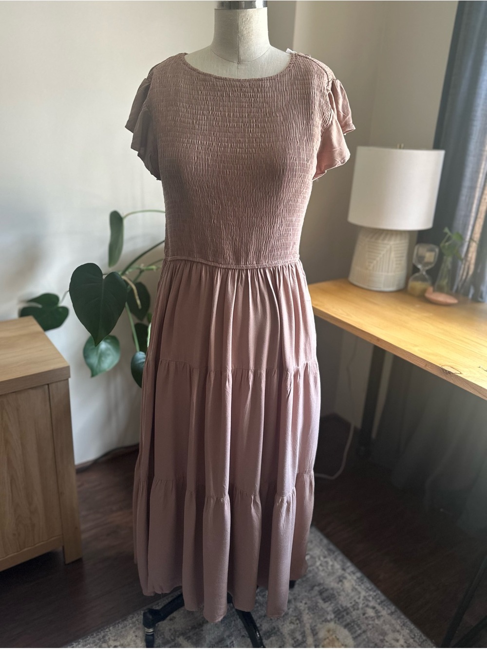 Taupe Smocked Midi Dress